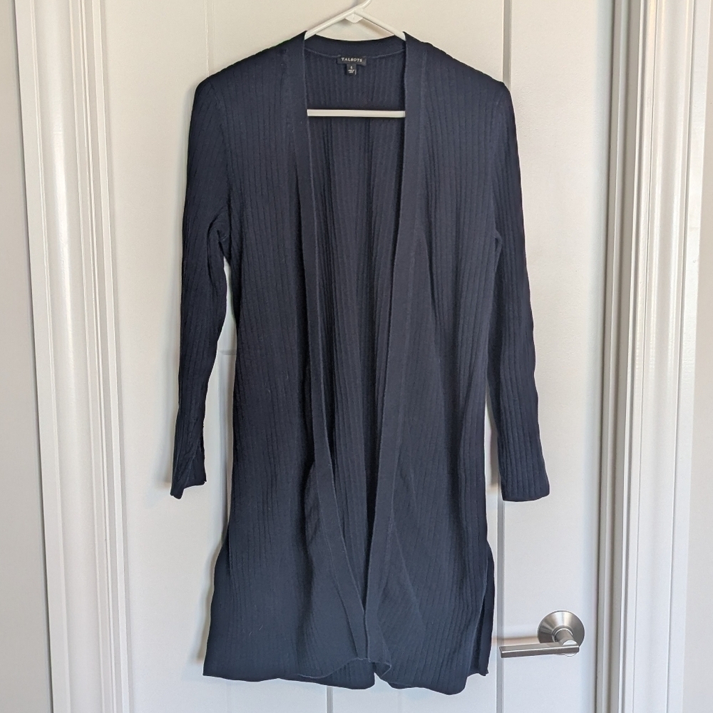 Talbots Navy Ribbed Duster Open Front Cardigan Sweater sz L